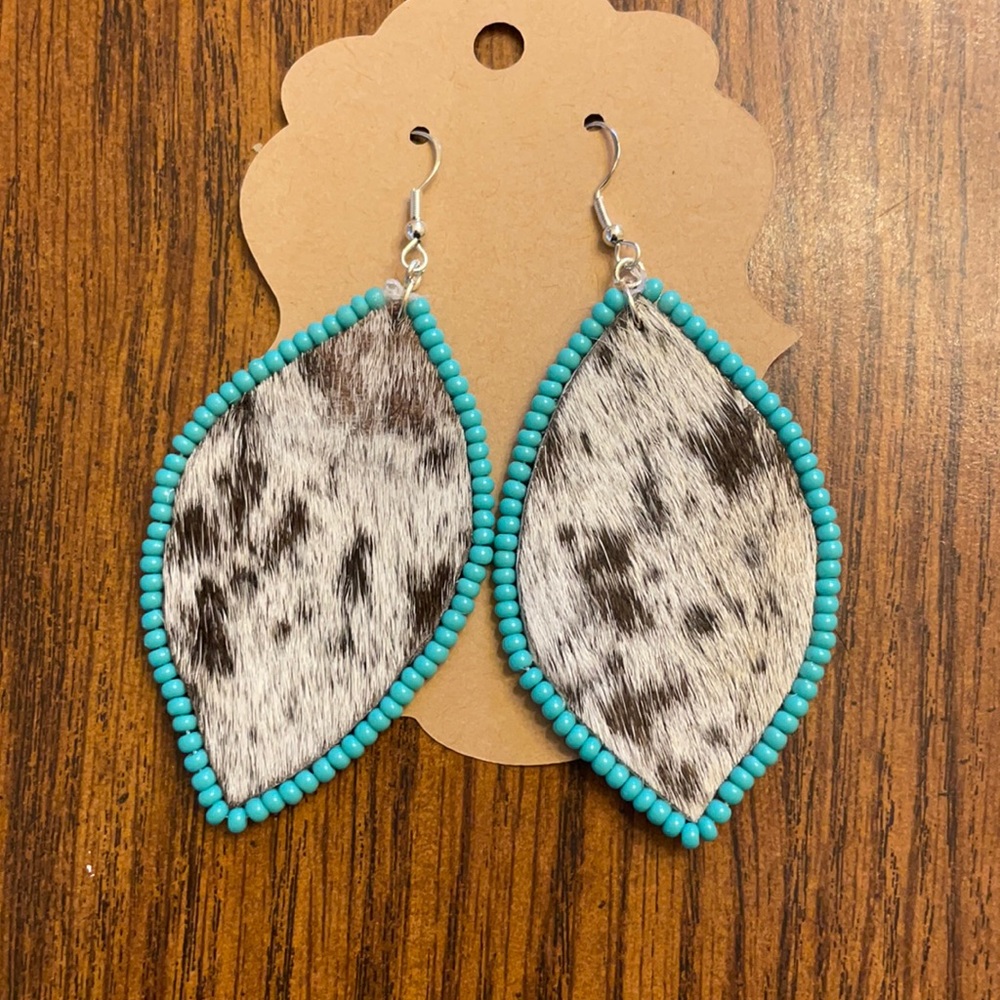 Cowhide Beaded Earrings  Leather 2 1/2” x 1 1/2” Handmade